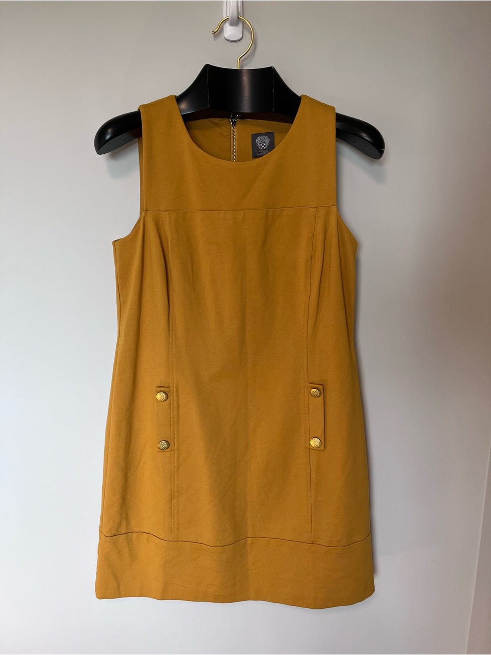 Vince Camuto Golden Yellow Shift Dress Gold Buttons Sz 10 Preppy 1960’s Mod